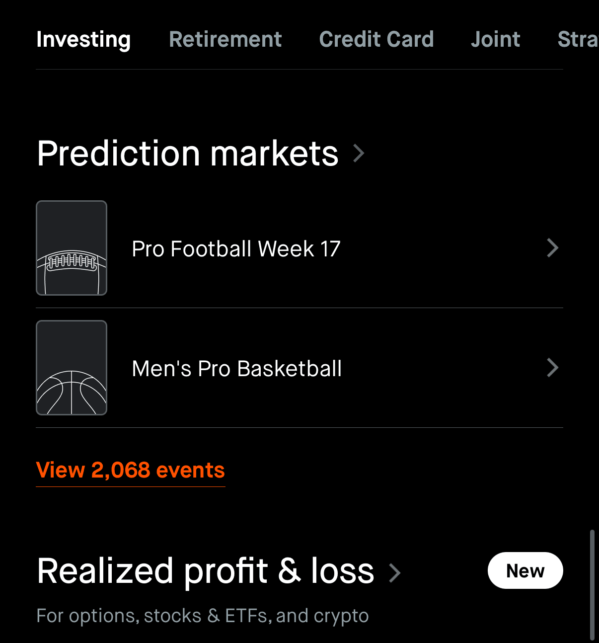 "View 2,068 events." This is what a sportsbook looks like. Notice the tab at the top still says "Investing."