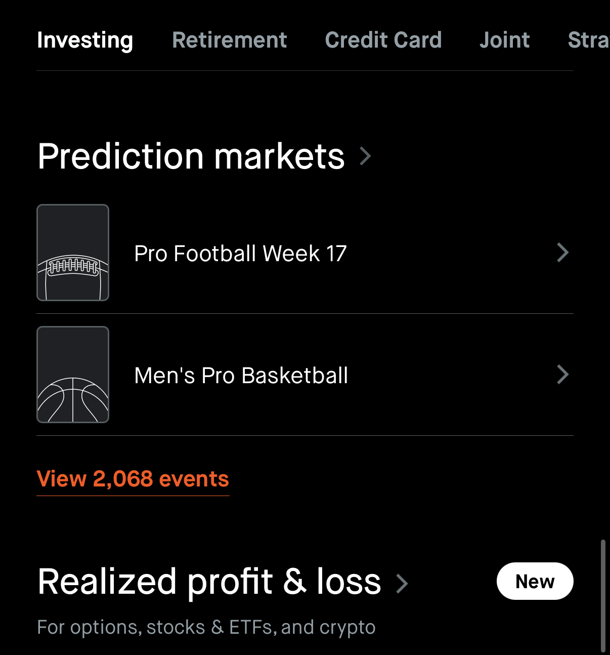 "View 2,068 events." This is what a sportsbook looks like. Notice the tab at the top still says "Investing."
